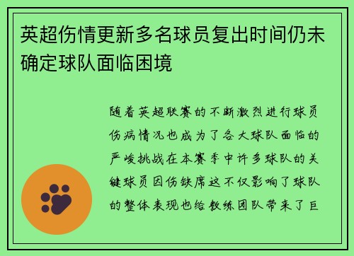 英超伤情更新多名球员复出时间仍未确定球队面临困境 英超伤情更新多名球员复出时间仍未确定球队面临困境